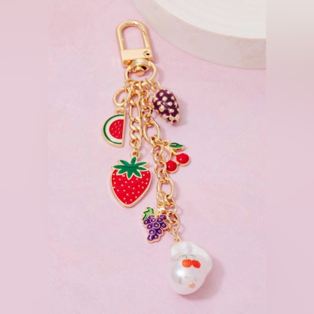 Gold Fruit Charm Keychain with Red Strawberry and Multicolor Accents